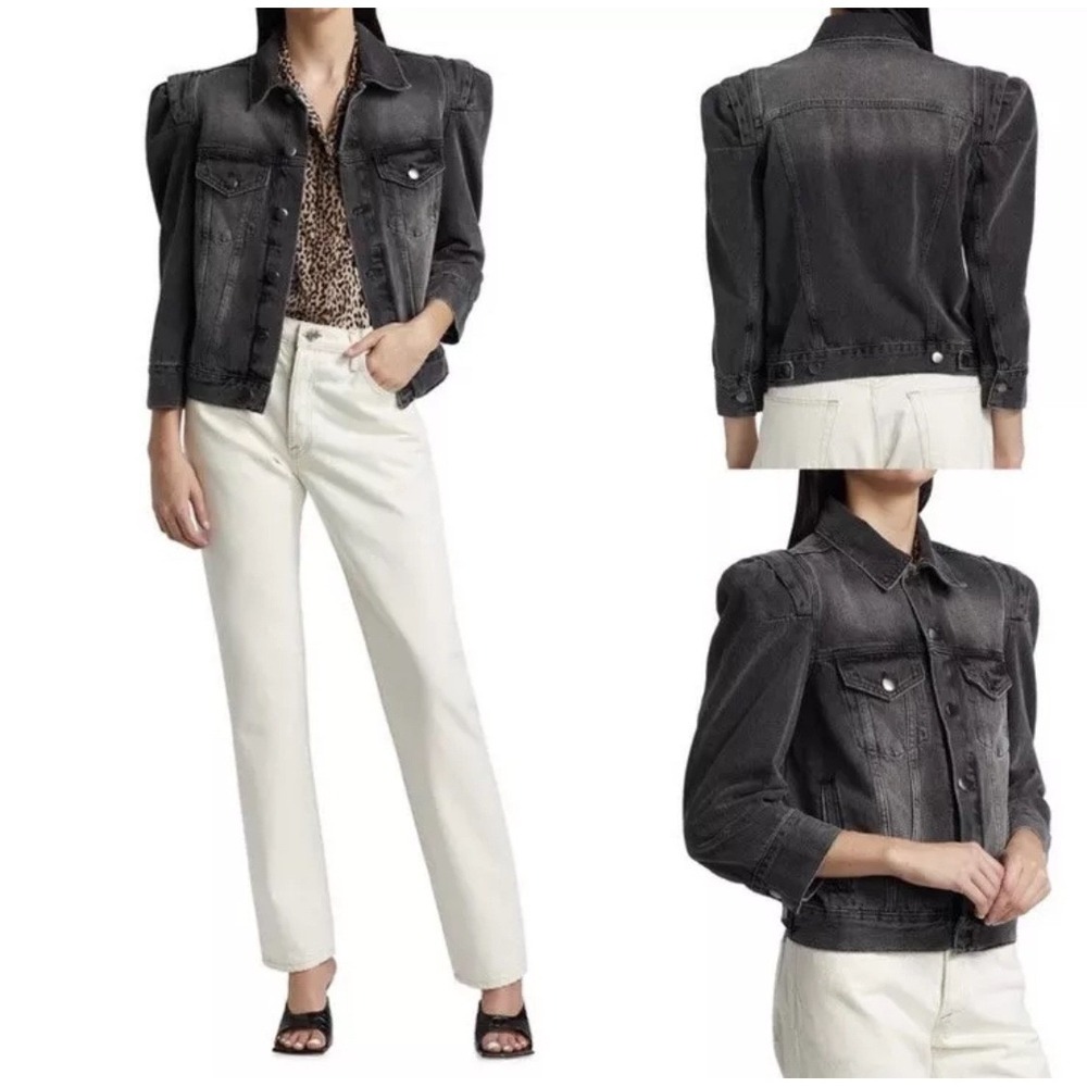 FRAME‎ Denim Jacket Women's Large L Black Gray Wash Puff Sleeve Jean Coat